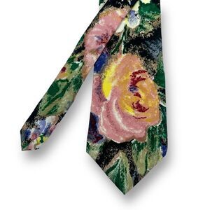Je Suis Painted Floral Neck Tie Multicolor Artsy Green Pink Retro Unique Novelty